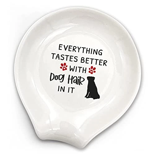 Funny White Ceramic Coffee Tea Spoon Rest, Everything Tastes Better With Dog Hair In It - Coffee Station Decor Coffee Holder Accessories Gift For Coffee Lovers Friends, 3.8x3.4x0.2