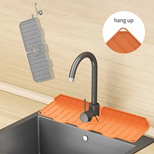 Upgraded Silicone Faucet Mat, Kitchen Faucet Sink Splash Guard, Bathroom Faucet Water Catcher Mat, Faucet Handle Drip Catcher Mat, Sponge Holder (Upgraded Grey) - Image 3