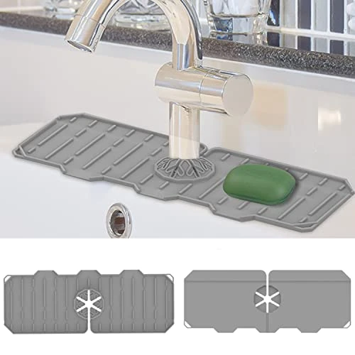 Upgraded Silicone Faucet Mat, Kitchen Faucet Sink Splash Guard, Bathroom Faucet Water Catcher Mat, Faucet Handle Drip Catcher Mat, Sponge Holder (Upgraded Grey)