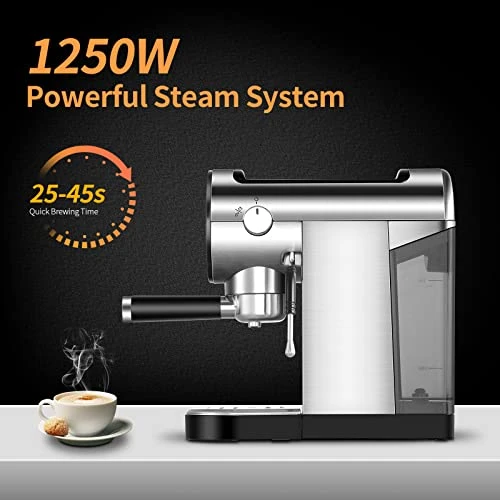 Espresso Coffee Machine With Steamer, 20 Bar Espresso Maker With Milk Frother Steam Wand, Espresso And Cappuccino Maker, Easy To Use At Home, Stainless Steel, 1250W - Image 3