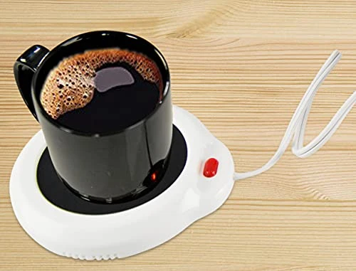 OME-X Black & White Mug With Mug Warmer Set, Coffee Accessory For Home Or Office, Small Electric Coffee Mug Plate Warmer, Heated Mug Coaster, 3 1/2" D X 4" H, Black And White - Image 2