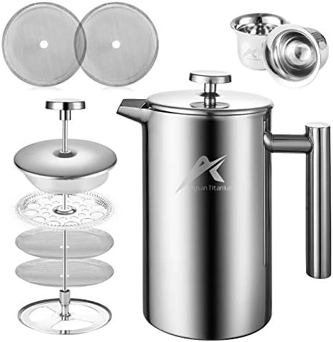 French Press Coffee Maker, 34 Oz, 304 Grade Stainless Steel Double-wall Insulated, With 2 Espresso Cups, 4 Level Filtration System,Rust-Free, Dishwasher Safe, Silver - Image 6