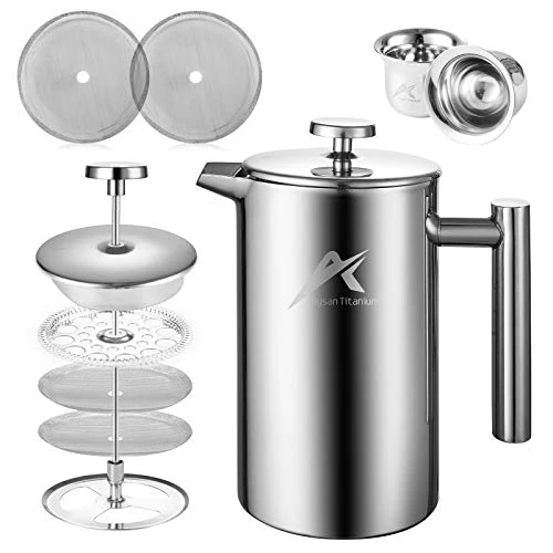 French Press Coffee Maker, 34 Oz, 304 Grade Stainless Steel Double-wall Insulated, With 2 Espresso Cups, 4 Level Filtration System,Rust-Free, Dishwasher Safe, Silver