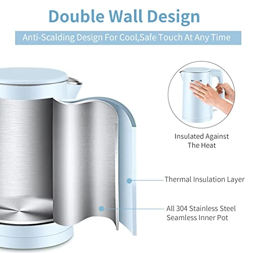 Electric Kettle, 1.7 L Double Wall Food Grade Stainless Steel Interior Water Boiler, Coffee Pot & Tea Kettle, Auto Shut-Off And Boil-Dry Protection, 1200W, 2 Year Warranty(Blue) - Image 3