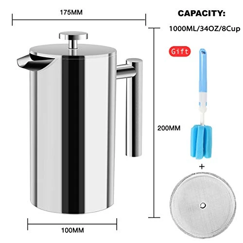 French Press Coffee Maker Stainless Steel Double Wall Insulated Large Capacity 1 Liter 1000ml 34oz 8Cup And Dishwasher Safe Metal Coffee-Press For Camping Travel Silver - Image 7