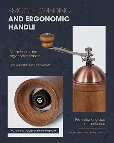 Manual Coffee Grinder, Coffee Bean Grinder With Adjustable Ceramic Burr, Vintage Style Wooden Hand Coffee Grinder, Large Capacity Burr Coffee Grinder With Brush And Spoon (JX2022-CG20) - Image 2