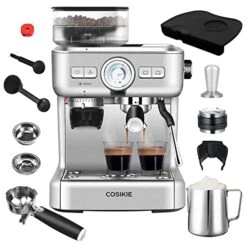 Spresso Machine With Grinder, Semi Automatic Espresso Machine With Steamer Milk Frother, COSIKIE All In One Espresso Coffee Machines 20 Bar, Home Barista Cappuccino Coffee Maker, Gifts For Her Or Him