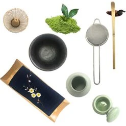 Japanese Matcha Tea Set, Matcha Whisk, Traditional Scoop, Matcha Bowl, Ceramic Whisk Holder, Matcha Caddy, Handmade Matcha Ceremony Kit For Traditional Japanese Tea Ceremony (9Pcs)
