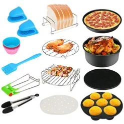 13PCS Air Fryer Accessories, BicycleStore 8 Inch Airfryer Kit Compatible For 4.2QT-6.8QT Air Fryers With Non-stick Cake Pan, Silicone Mat, Pizza Pan, Silicone Baking Cup, Skewer Rack