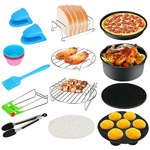 13PCS Air Fryer Accessories, BicycleStore 8 Inch Airfryer Kit Compatible For 4.2QT-6.8QT Air Fryers With Non-stick Cake Pan, Silicone Mat, Pizza Pan, Silicone Baking Cup, Skewer Rack