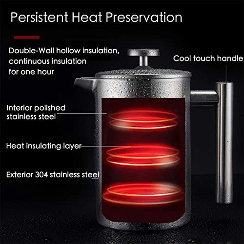 French Press Coffee Maker Stainless Steel Double Wall Insulated Large Capacity 1 Liter 1000ml 34oz 8Cup And Dishwasher Safe Metal Coffee-Press For Camping Travel Silver - Image 3