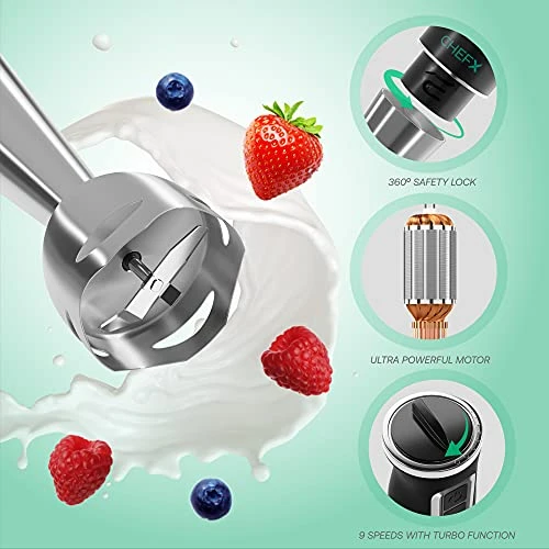 5-in-1 Immersion Blender - 9 Speed Ultra Powerful Stainless Steel Hand Mixer For Kitchen - Electric Handheld Stick Frother - Chop/Grind/Whisk/Froth/Blend - Turbo Mode - Food Grinder + Container - Image 3