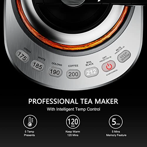 Smart Electric Kettle With Temperature Control, 5 Presets Electric Tea Kettle With Removable Infuser, 2 Hours Keep Warm With Auto Shut Off, 1.7L, Glass And Stainless Steel, BPA Free - Image 2