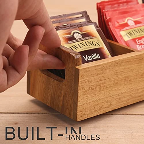 Small Wooden Tea Bag Box, 3 Compartments Acacia Wood Tea Bag Chest With Handle, Mini Countertop Divided Storage Container For Beverage Supplies, Sugar, Sweeteners, Individual Packets - Image 3