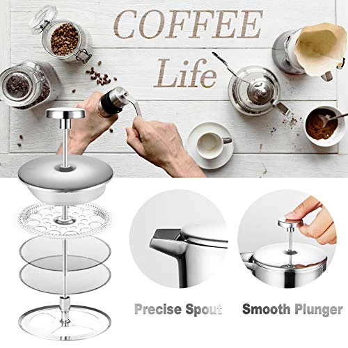 French Press Coffee Maker, 34 Oz, 304 Grade Stainless Steel Double-wall Insulated, With 2 Espresso Cups, 4 Level Filtration System,Rust-Free, Dishwasher Safe, Silver - Image 3