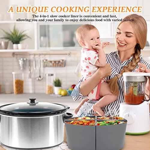 IFEYENIA Slow Cooker Liners, 4 In 1 Silicone Crock Pot Liner Fits 6-8 QT,Reusable & Leakproof Slow Cooker Divider Insert For Crock Pot,Cooking Liner BPA Free,Dishwasher Safe (6-8QT,4Count, Grey) - Image 5