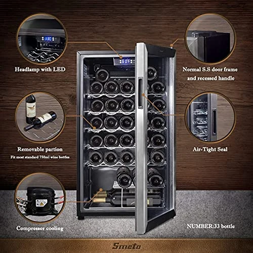 Wine Cooler Refrigerator 33 Bottles Large Wine Storage, 19 Inch Wine Fridge Freestanding Wine And Beer Fridge Cellar With Double-layer And Quiet Compressor, Black And Stainless Steel - Image 2