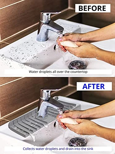 2 Pcs Silicone Faucet Handle Drip Catcher Mat For Kitchen Sink, Bathroom Sink, Farmhouse And RV (Grey/Black), Kitchen Sink Splash Guard Faucet Mat - Image 3