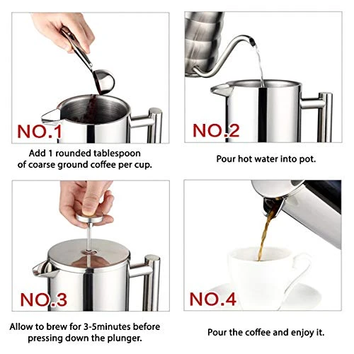 French Press Coffee Maker Stainless Steel Double Wall Insulated Large Capacity 1 Liter 1000ml 34oz 8Cup And Dishwasher Safe Metal Coffee-Press For Camping Travel Silver - Image 4