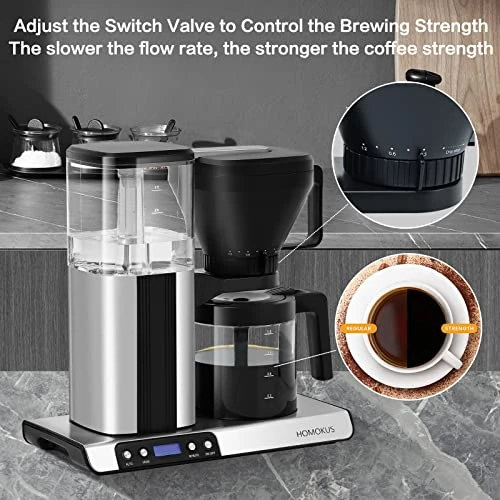 8 Cup Drip Coffee Maker - Stainless Steel Coffee Maker - Programmable Coffee Maker With Timer - Drip Coffee Machine With Glass Carafe - Polished Silver - 40 Oz - 1.2L - Image 3