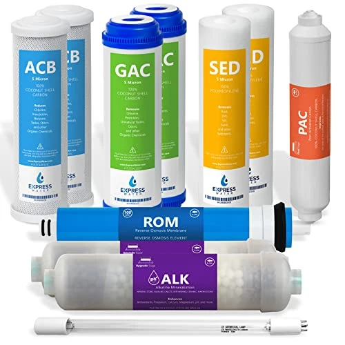 Xpress Water – 1 Year Reverse Osmosis System Filter Set – 11 Filters With 100 GPD RO Membrane, Carbon GAC ACB PAC, Sediment SED, Alkaline, And UV Filters – 10 Inch Size Replacement Water Filters