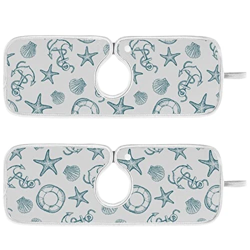 Coastal Starfish Shell Faucet Water Catcher Mat 2 Pack Seashell Ocean Nautical Theme Drying Mat Absorbent Bathroom Faucet Handle Drip Catcher Tray Bar RV Kitchen Sink Splash Guard 14x5 Inches
