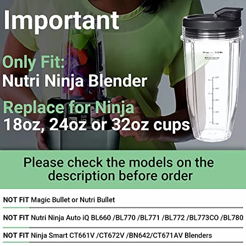 Replacement 24oz Blender Cup For Ninja BN401 BN751 BN801 BN800 BL450 BL456 BL480 Foodi SS401 SS101 TWISTi SS151 SS351 Cups Nutri Ninja Auto IQ Parts Lids Upgraded (2 Pack) - Image 2