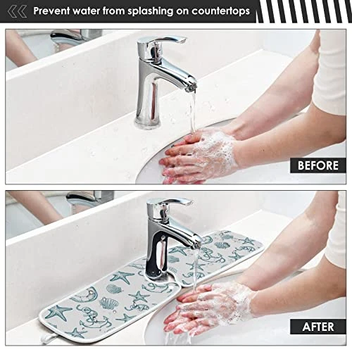 Coastal Starfish Shell Faucet Water Catcher Mat 2 Pack Seashell Ocean Nautical Theme Drying Mat Absorbent Bathroom Faucet Handle Drip Catcher Tray Bar RV Kitchen Sink Splash Guard 14x5 Inches - Image 4