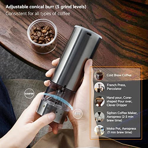 Electric Coffee Grinder With 5 Adjustable Levels, Espresso Coffee Grinder With USB & One-touch Start, Portable Automatic Coffee Grinder For Home, Camping & Picnics, Includes Cleaning Brush - Image 5