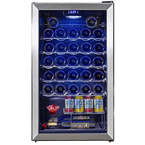 Wine Cooler Refrigerator 33 Bottles Large Wine Storage, 19 Inch Wine Fridge Freestanding Wine And Beer Fridge Cellar With Double-layer And Quiet Compressor, Black And Stainless Steel