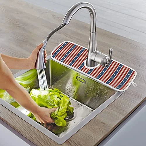 2 Pack Kitchen Faucet Mat Absorbent Washable Sink Splash Guard Faucet Drip Drying Mat Bar Countertop Water Catcher Mat Large 30x5 Inch American Flag Element - Image 5