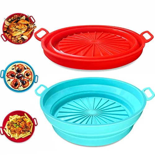 Air Fryer Silicone Liners,2Pack 7.5inch Reusable Air Fryer Silicone Basket Heat Resistant Easy Cleaning Air Fryers Silicone Pot Round For 3 To 5 Qt For Air Fryer Oven Accessories (Blue+Red)