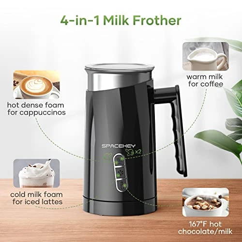 Milk Frother,4-in-1 Electric Frother For Coffee,Spacekey 10.1oz Milk Frother And Steamer,Milk Warmer Heats Up To 167β,Automatic Hot & Cold Milk Foamer With Buzzer For Latte,Cappuccino,Chocolate Milk