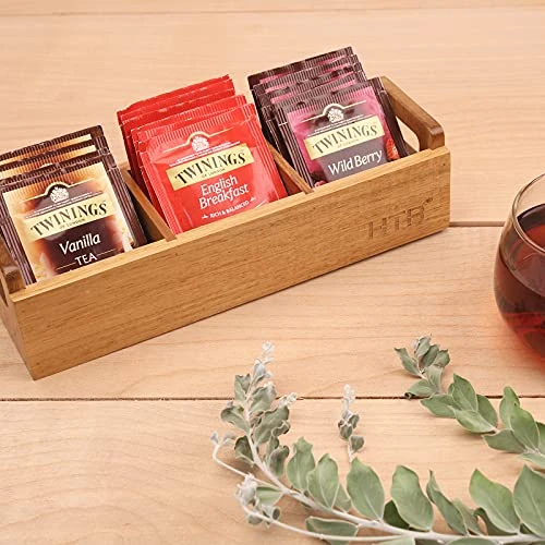 Small Wooden Tea Bag Box, 3 Compartments Acacia Wood Tea Bag Chest With Handle, Mini Countertop Divided Storage Container For Beverage Supplies, Sugar, Sweeteners, Individual Packets - Image 2