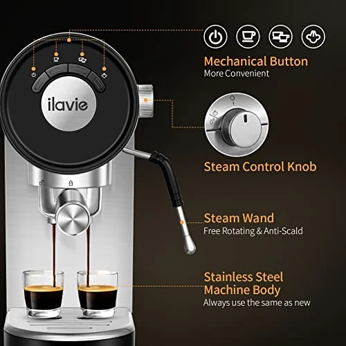 Espresso Coffee Machine With Steamer, 20 Bar Espresso Maker With Milk Frother Steam Wand, Espresso And Cappuccino Maker, Easy To Use At Home, Stainless Steel, 1250W (Standard, Bright Silver) - Image 5