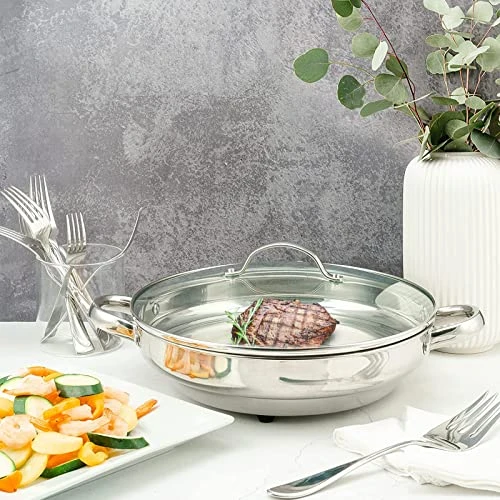 11.8" Large Capacity Electric Skillet - For Fry Bake Steam Simmer (Silver) - Image 2