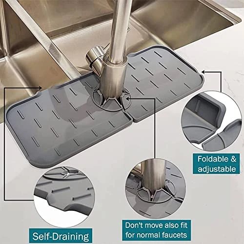 KWSPLK Silicone Sink Faucet Mat, Silicone Faucet Handle Drip Catcher Tray, Sink Draining Pad Behind Faucet, Drip Protector Splash Countertop Protection Rubber Drying Pad (Gray) - Image 2