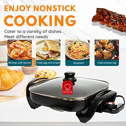 Onstick Electric Skillet 12 Inch Electric Fryer With 2 Layers Of Non-Stick Coating, Adjustable Temperature Control, Heat-Resistant Handle. - Image 4
