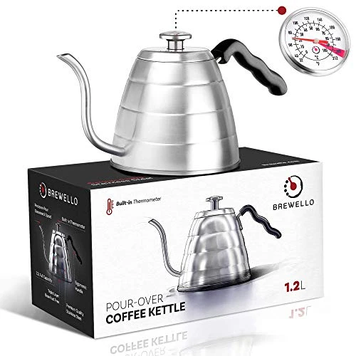 Brewello Gooseneck Kettle - Pour-Over Coffee Kettle With Built-in Thermometer And Triple-Layer Base (40-Ounce/1.2Liter) Stainless Steel Kettle For Baristas And Home Coffee Brewing Enthusiasts