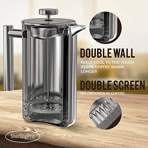French Press Coffee Maker(1.75L)-Double Walled Large Coffee Press With 2 Free Filters-Enjoy Granule-Free Coffee Guaranteed, Stylish Rust Free Kitchen Accessory-Stainless Steel French Press - Image 2
