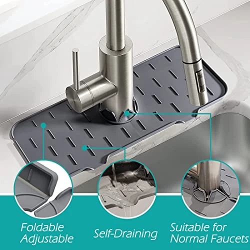 LYOWL Silicone Sink Faucet Mat, Sink Splash Guard Drip Catcher For Sink Faucet, Water Draining Pads Behind Faucet For Kitchen, Bathroom And RV, (Black)… - Image 2