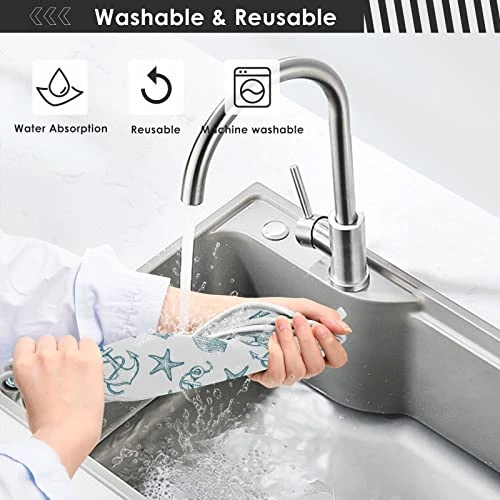 Coastal Starfish Shell Faucet Water Catcher Mat 2 Pack Seashell Ocean Nautical Theme Drying Mat Absorbent Bathroom Faucet Handle Drip Catcher Tray Bar RV Kitchen Sink Splash Guard 14x5 Inches - Image 6