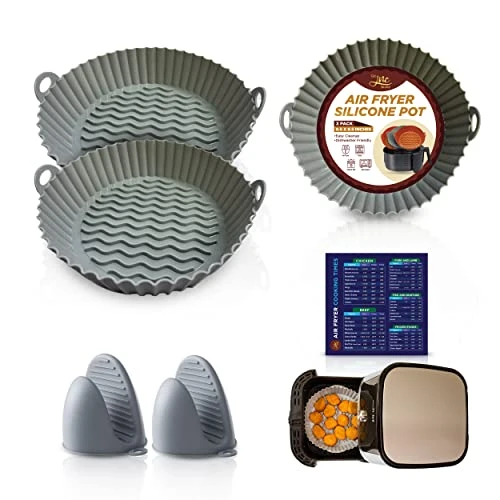 Air Fryer Liners Silicone Pot - 3 Pack Reusable Airfryer Liner Insert With Heat Insulated Silicone Gloves | Silicona Para Air Fryer Bowl Easy Cleaning Silicone Round Basket Airfryer Accessories
