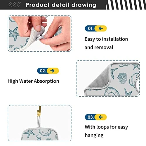 Coastal Starfish Shell Faucet Water Catcher Mat 2 Pack Seashell Ocean Nautical Theme Drying Mat Absorbent Bathroom Faucet Handle Drip Catcher Tray Bar RV Kitchen Sink Splash Guard 14x5 Inches - Image 3