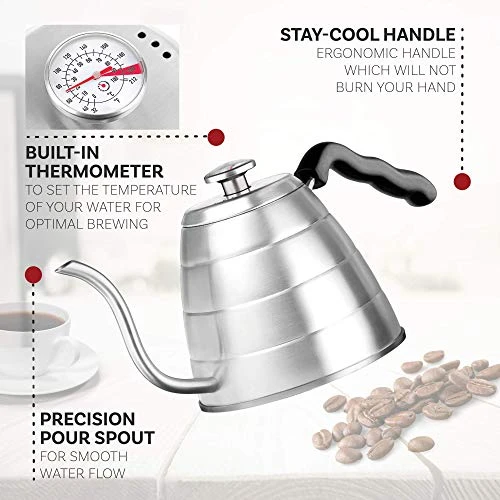 Brewello Gooseneck Kettle - Pour-Over Coffee Kettle With Built-in Thermometer And Triple-Layer Base (40-Ounce/1.2Liter) Stainless Steel Kettle For Baristas And Home Coffee Brewing Enthusiasts - Image 3