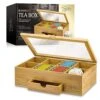 Bamboo Wooden Tea Box Storage Organizer With Drawer (8 Compartments) Large Tea Organizer Box For Tea Bags And Loose Tea - Sturdy, Natural Bamboo