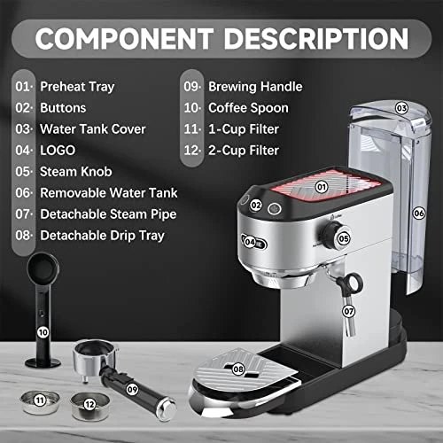 Espresso Coffee Maker, Espresso Machine With Milk Frother Steam Wand, 15 Bar Fast Heating Espresso Machines For Home, Stainless Steel Compact Latte Cappuccino Machine, Gifts For Mom And Dad - Image 3