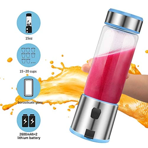 Portable Blender Glass, USB Rechargeable 5200mAh Personal Blender 15 Oz, With 2 Bottle Caps, Smoothie And Fruit Juice (with Travel) - Image 3