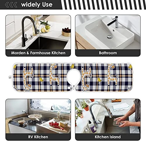 Kcldeci 2 Pack Faucet Mat Splash Guard For Kitchen Sink,Giraffe And Birds On Plaid Pattern For Kids Wear Baby Dress Fashion Print 23x5 Inch Faucet Handle Drip Catcher Tray Absorbent Mat Fast Dry Mat F - Image 4