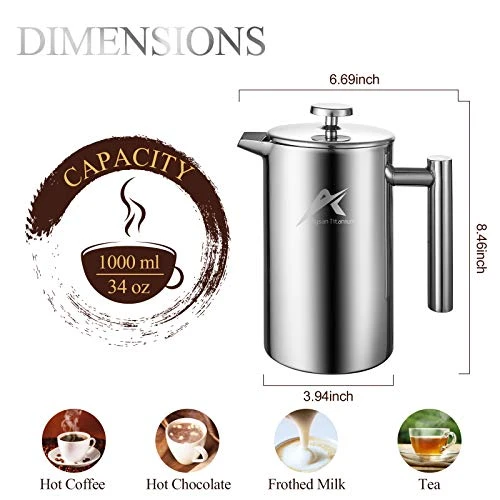 French Press Coffee Maker, 34 Oz, 304 Grade Stainless Steel Double-wall Insulated, With 2 Espresso Cups, 4 Level Filtration System,Rust-Free, Dishwasher Safe, Silver - Image 4